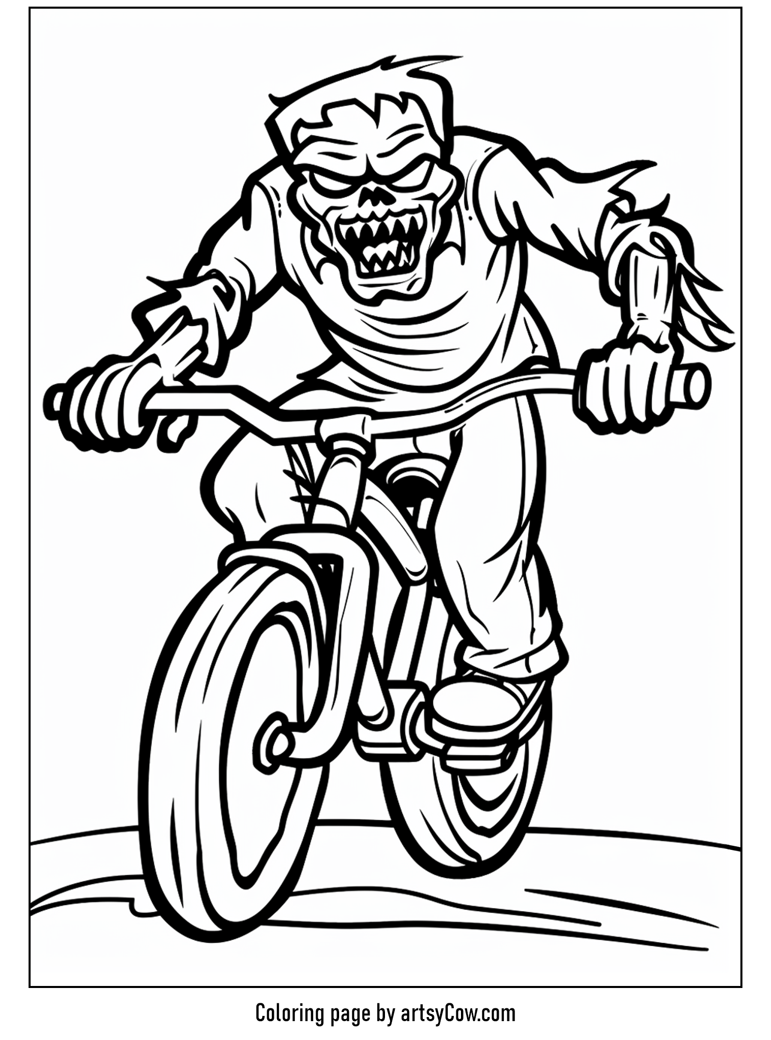 free halloween coloring pages for kids and adults, featuring a zombie aggressively pedaling a bicycle.